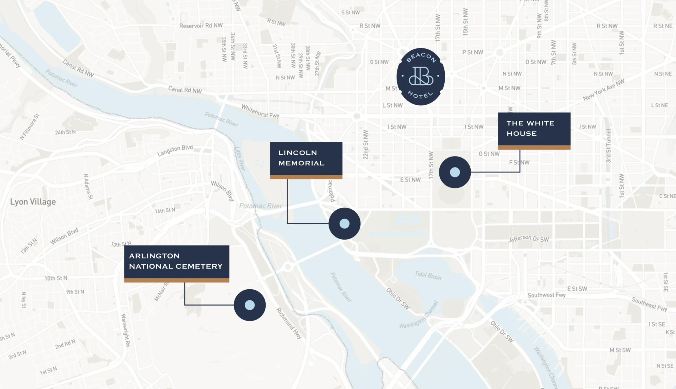 Map of Washington, D.C. highlighting Arlington National Cemetery, Lincoln Memorial, and The White House with labeled markers and streets visible.