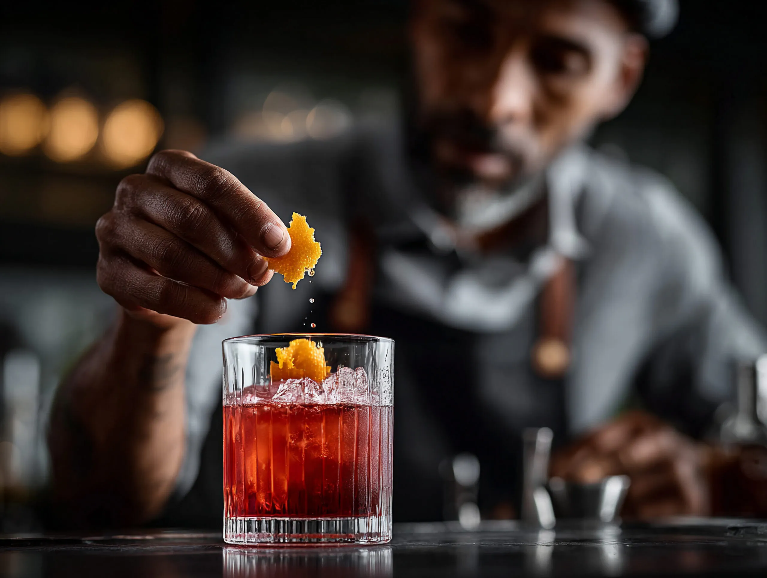 A bartender garnishes a glass of red cocktail with an orange peel, holding it above the drink in a dimly lit bar setting.