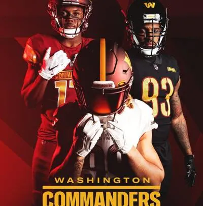 Three Washington Commanders football players pose in uniform against a red background with Washington Commanders text at the bottom.