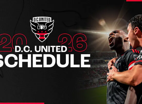 Two D.C. United soccer players celebrate on the field with bold text reading 2026 D.C. United Schedule and the team’s logo above.